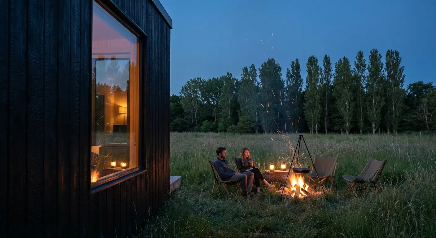 Evening campfire scene outside the cabin with warm amber glow