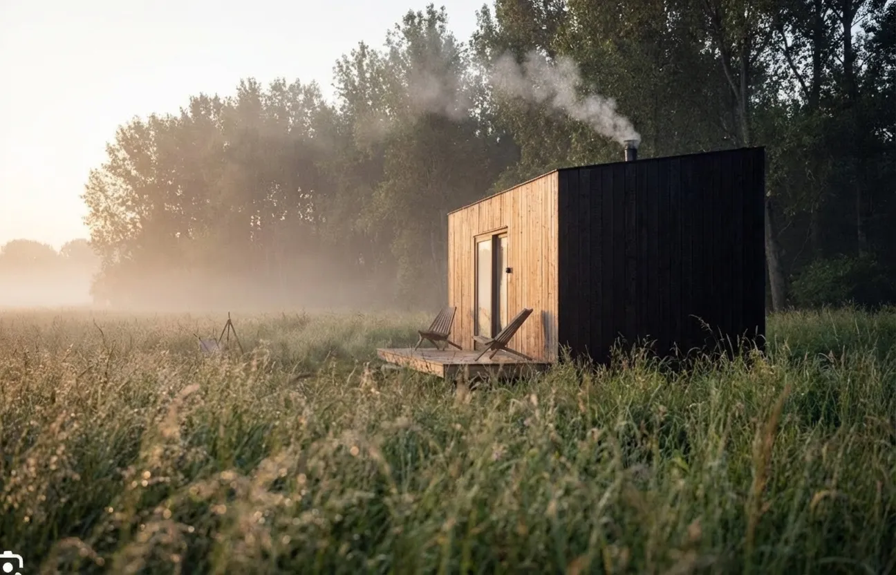 Cabin in morning mist with smoke rising from the chimney