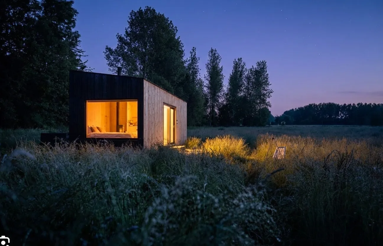Slow Cabin at twilight with warm interior light glowing through panoramic windows