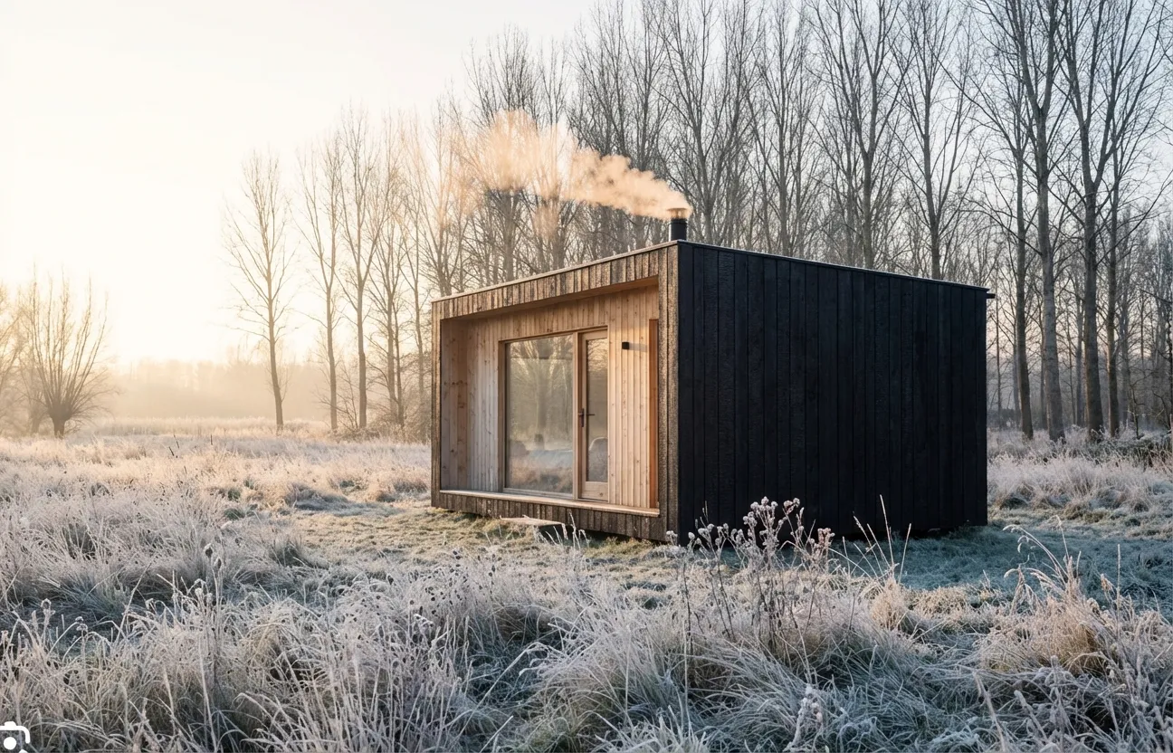 Slow Cabin in a frosty winter landscape with snow-dusted meadow