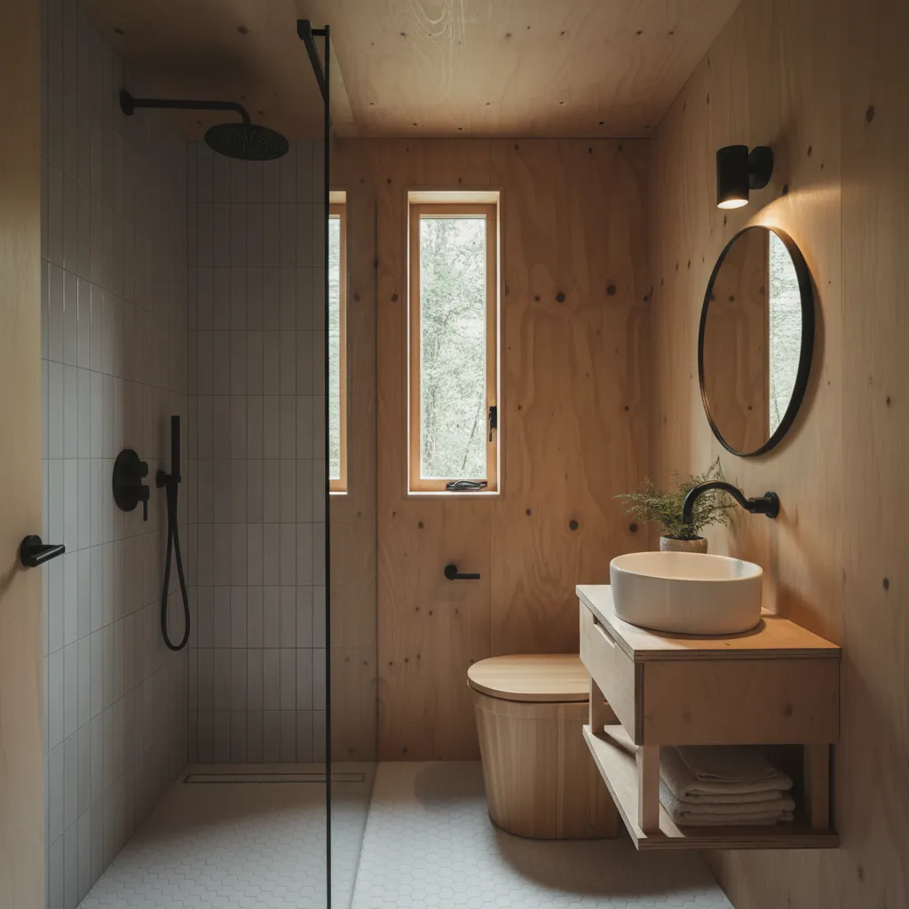 Plywood-clad bathroom with rainfall shower, tiled wet area, compost toilet and round mirror