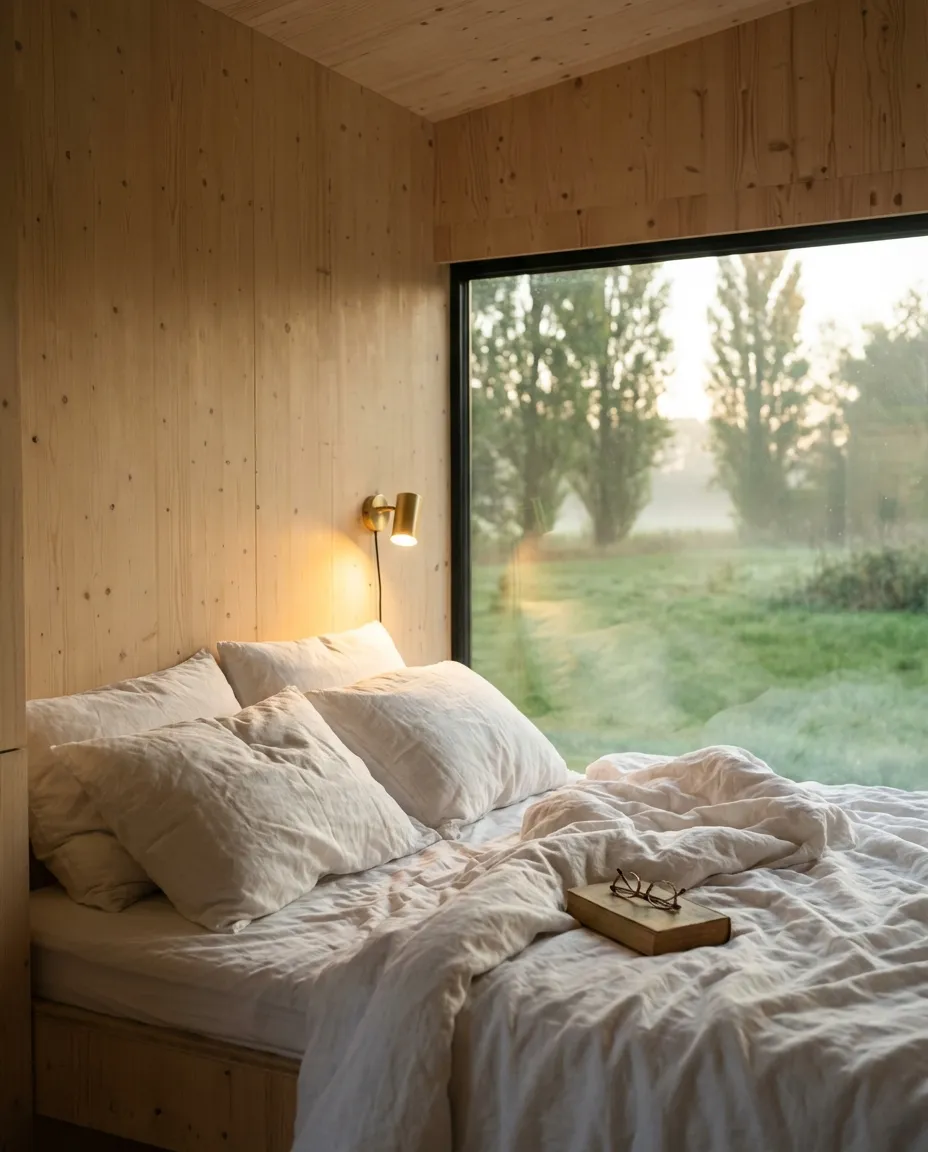 Built-in sleeping nook with organic linen bedding and panoramic window view of the meadow