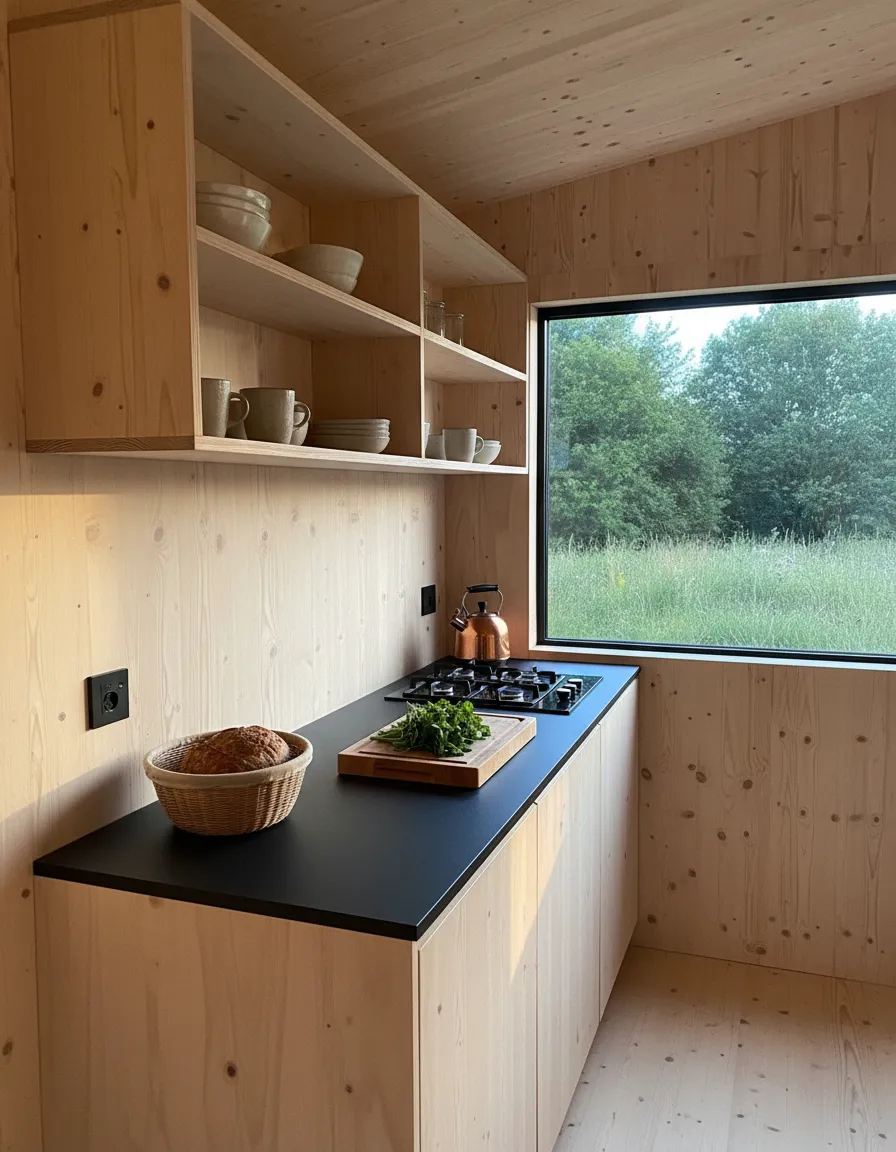 Compact Scandinavian kitchenette with light plywood cabinets, matte black countertop and window overlooking the meadow