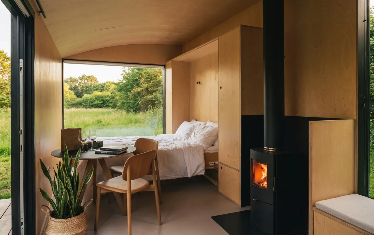 Slow Cabin interior with birch plywood walls, cozy seating area and warm lighting
