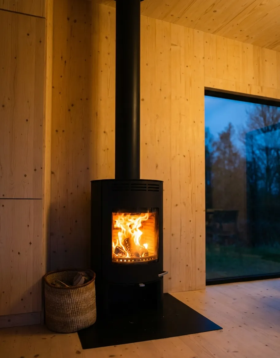 Cast iron wood-burning stove with stacked firewood in the cabin corner