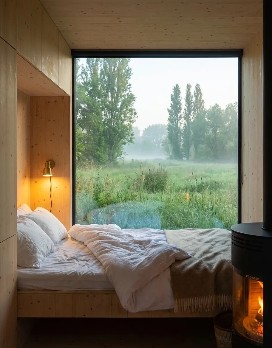 Panoramic window view from inside the cabin looking out over misty meadows