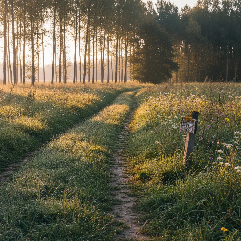 Wandelpad door wilde weide met hoog gras en wilde bloemen bij gouden uur, populieren op de achtergrond